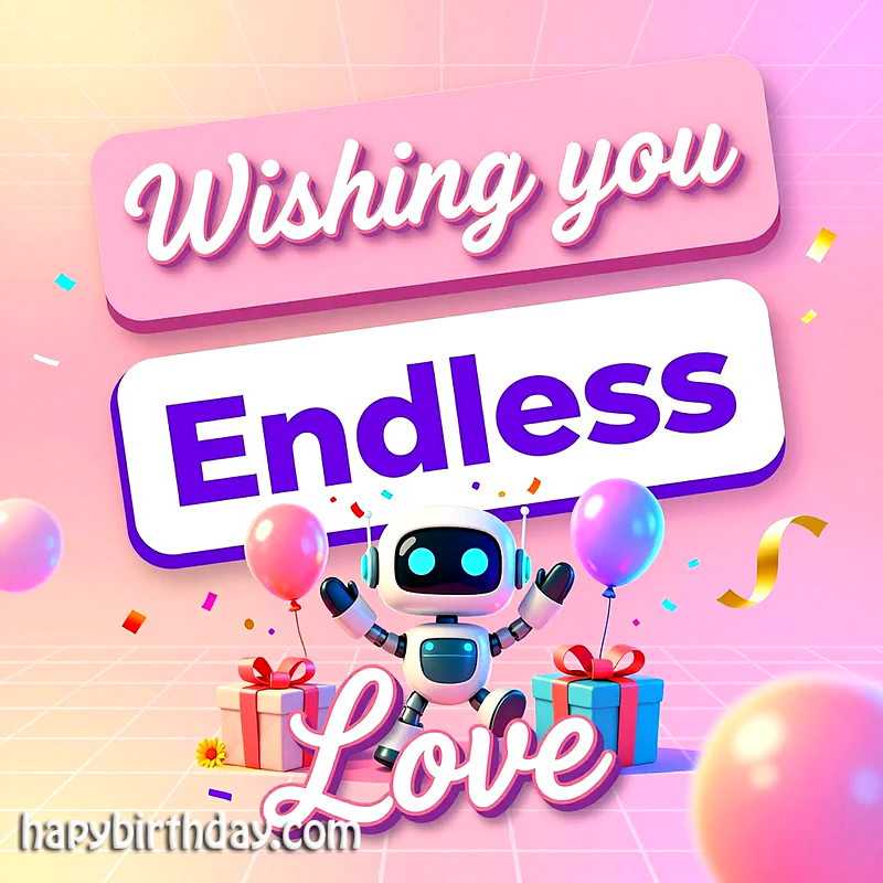 An adorable white robot extends cheerful greetings for endless love, surrounded by pink and blue balloons, festive confetti, and two neatly wrapped birthday gifts against a vibrant pink background with grid lines.