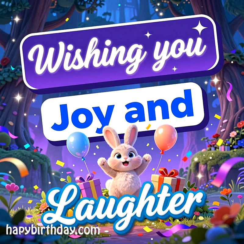 A joyful cartoon bunny with outstretched arms stands amidst colorful confetti, gifts, and balloons in an enchanted forest, expressing warm birthday wishes.