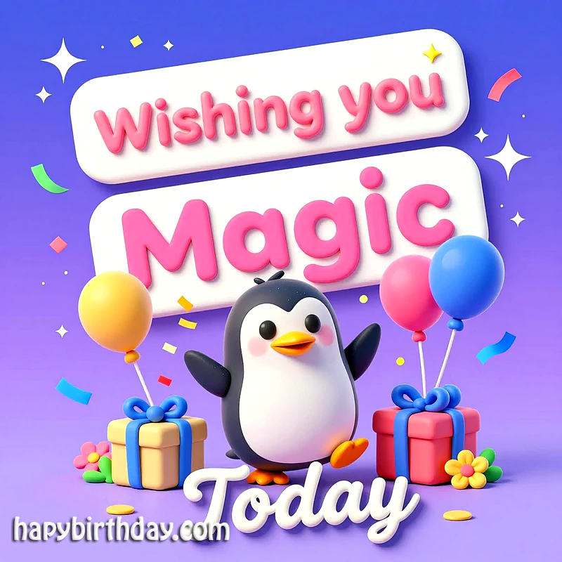 A delightful 3D rendered birthday card featuring a happy penguin surrounded by colorful balloons, sparkling confetti, and charming gift boxes. The image text reads "Wishing you Magic Today," capturing a joyful, festive mood.
