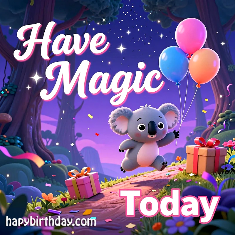 A charming cartoon koala holding colorful balloons walks on a path in a magical forest under a starry night sky, surrounded by confetti and birthday gifts.