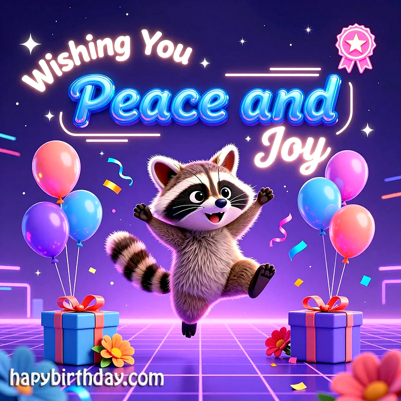 A cheerful cartoon raccoon jumps mid-air in a neon purple grid room, surrounded by gift boxes, colorful balloons, and confetti, celebrating a special occasion with bright joy.