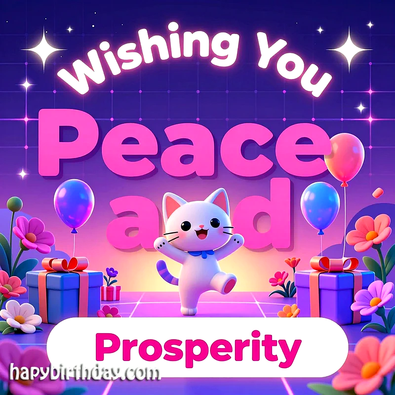 A 3D animated white cat dances joyfully among purple gift boxes, pink balloons, and flowers on a shiny grid floor, celebrating with the text Wishing You Peace and Prosperity.