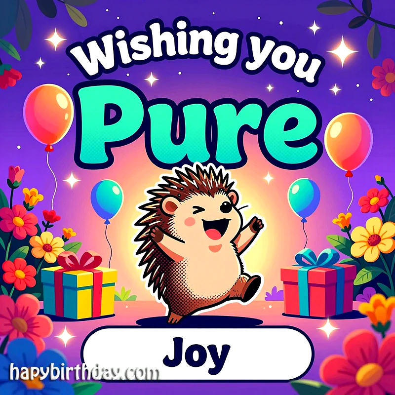 A cheerful cartoon hedgehog jumping happily between colorful gift boxes and balloons against a purple background with flowers and the text Wishing you Pure Joy for a birthday celebration