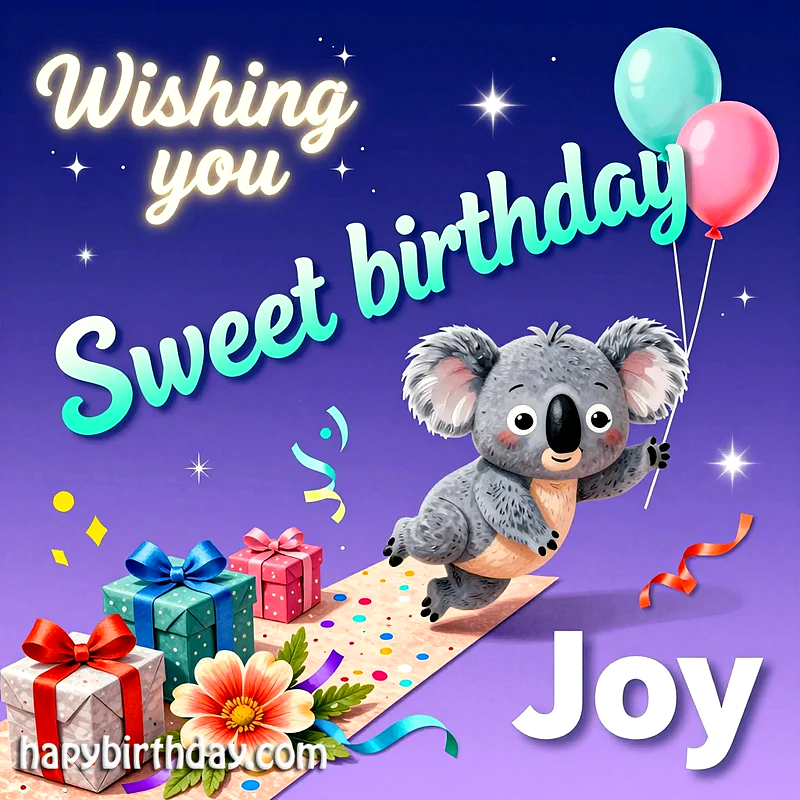 A happy koala bear holding pink and teal balloons jumps joyfully above colorful gift boxes and a bright flower on a purple background with golden stars and confetti celebrating a sweet birthday.