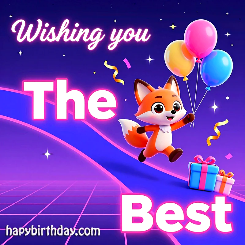 A cheerful animated fox dashes across a vibrant purple background, holding colorful balloons. Gifts and confetti float nearby, setting a festive birthday mood. Text reads, 'Wishing you The Best.'
