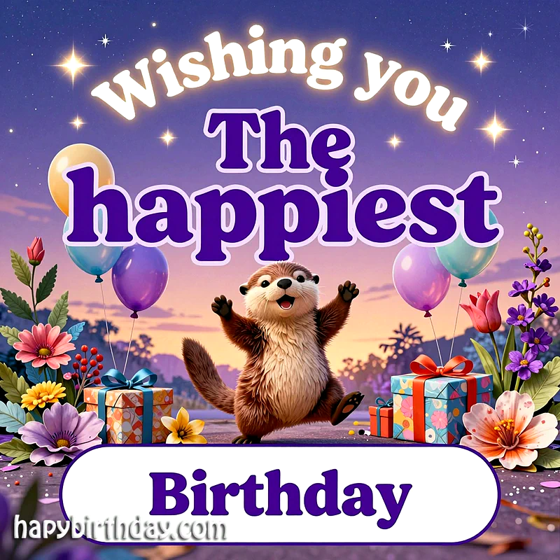 A joyful otter stands under a starry twilight sky, celebrating with colorful balloons and gifts. Vibrant flowers surround the scene, creating a whimsical and heartwarming birthday atmosphere.