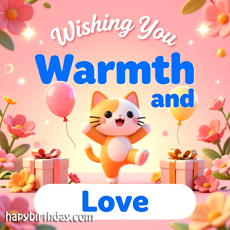 A joyful orange and white cartoon cat leaps among pink and yellow balloons, surrounded by elegant gift boxes and vibrant flowers, conveying warmth and love on a birthday.