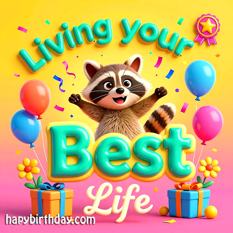 A joyful cartoon raccoon with open arms, surrounded by colorful balloons, confetti, and gift boxes, celebrates 'Living your Best Life' on a vibrant yellow and pink background.