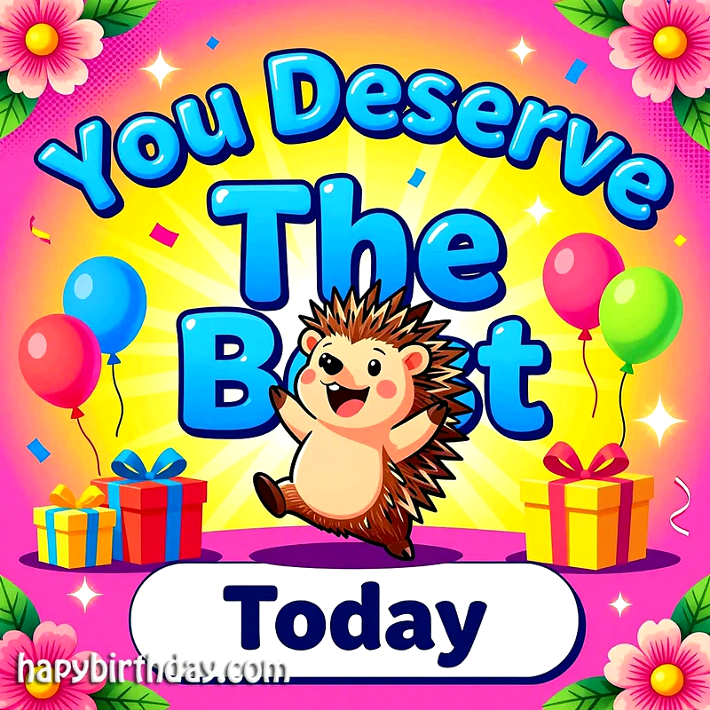 A vibrant birthday card featuring a cheerful hedgehog jumping with glee amidst colorful balloons and wrapped gifts. The joyful scene, set on a bright yellow and pink background, declares 'You Deserve The Best Today'.