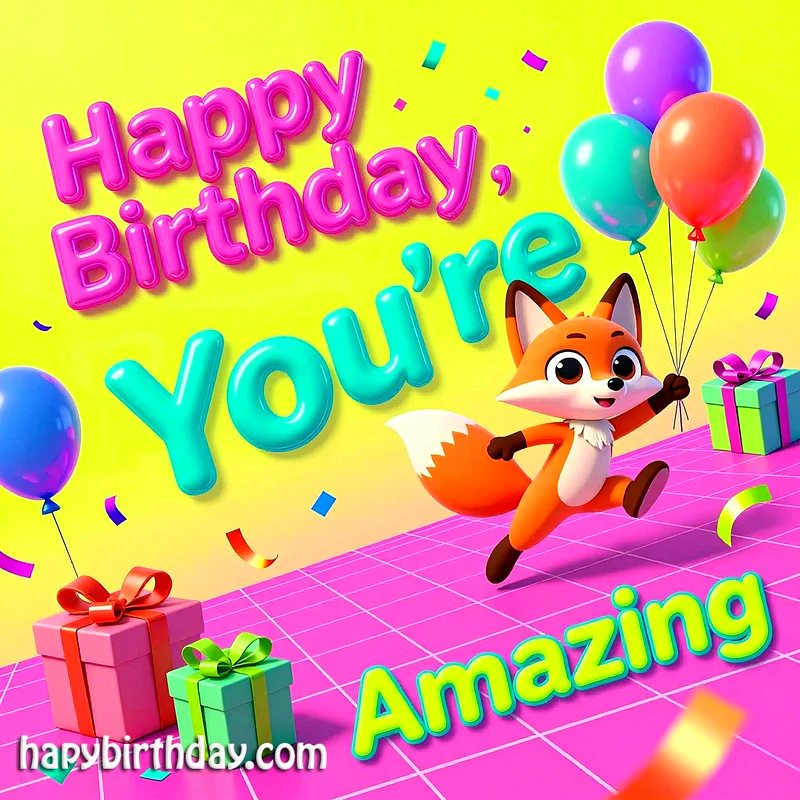 A joyful orange fox character runs across a pink checkered floor holding colorful balloons near wrapped gifts and falling confetti with text saying Happy Birthday You're Amazing in shiny 3D letters against a yellow background.