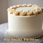 Surpresa de aniversário para mãe com mesa de bolo decorada com renda e flores