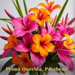 Arranjo de flores tropicais em rosas e laranjas vibrantes para prima ou primo