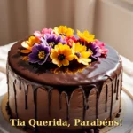 Bolo com ganache de chocolate e flores cristalizadas para tia ou tio
