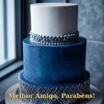 Bolo com decorações metálicas prateadas e azul profundo em estilo arquitetônico moderno para amigo
