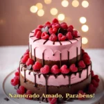 Bolo com creme de framboesa e corações de chocolate escuro para aniversário de namorado