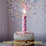 Explosão de canhão de confetes congelada no ar com bolo de aniversário para prima ou primo
