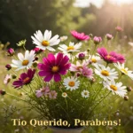 Buquê de cosmos e margaridas misturadas em estilo jardim silvestre para tia ou tio