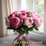 Mensagem de mãe para filha com arranjo de margaridas e luz suave de tarde