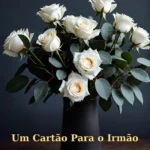 Arranjo de rosas brancas e eucalipto em vaso cerâmico escuro para aniversário de irmão