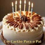 Bolo de aniversário com cobertura de bordo e pecan em luz dourada de outono para pai