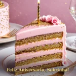 Cartão de aniversário para sobrinha com bolo de três camadas decorado com flores e velas acesas