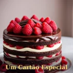 Bolo com camadas de chocolate escuro e framboesas frescas em apresentação refinada para pai