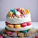 Bolo com macarons coloridos e decorações de merengue para prima ou primo