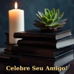 Pilha de livros de couro escuro com vela e pequena suculenta para aniversário de amigo