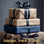 Pilha de presentes embrulhados em tons de azul marinho e cinza com cordão de couro para amigo