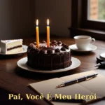 Mesa de madeira escura com vela, caneta-tinteiro e bolo de aniversário elegante para pai
