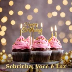 Declaração de aniversário para sobrinha com balões cor-de-rosa e confetes flutuando em luz cálida