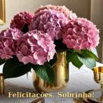 Felicitações para sobrinha com mesa de bolo decorada com flores, velas e doces finos festivos