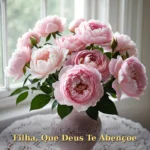 Arranjo delicado de rosas bebê e peônias em vaso vintage com toalha de renda para filha