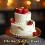 Feliz aniversário para filha com bolo elegante de três camadas com detalhes em folha de ouro e frutas vermelhas, imagem para baixar e compartilhar