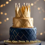 Bolo masculino moderno com decoração geométrica em azul marinho e dourado para filho