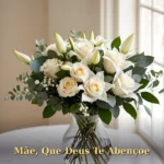 Arranjo elegante de rosas creme e lírios brancos com eucalipto em vaso de cristal para mãe