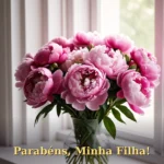 Cartão de aniversário para filha com buquê de peônias rosadas e bokeh suave ao fundo