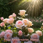 Imagem de feliz aniversário para irmã com rosas e luz solar suave em cenário de jardim para baixar e compartilhar