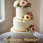 Mensagem de aniversário para mãe com bolo elegante de três camadas e flores frescas