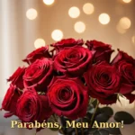 Buquê de rosas vermelhas escuras com fundo de bokeh dourado e clima romântico para namorado