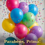 Conjunto de balões multicoloridos brilhantes com explosão de confetes para prima ou primo