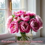 Imagem de feliz aniversário para sobrinha com buquê de peônias rosadas e luz natural suave para baixar e compartilhar