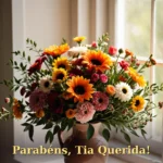 Buquê de flores mistas da estação em vaso de cerâmica com luz natural para tia ou tio