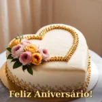Cartão para pessoa especial com bolo em formato de coração decorado com flores frescas