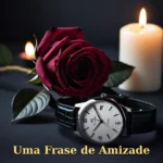 Relógio de pulso clássico com pulseira de couro ao lado de vela e rosa escura para amigo