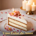 Fatia de bolo elegante em porcelana com pétalas de flores e luz de velas para namorado