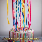 Serpentinas e decorações coloridas penduradas sobre bolo de aniversário para prima ou primo