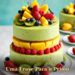 Bolo com decoração de frutas brilhantes como kiwi, manga e frutas vermelhas para prima ou primo
