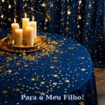 Imagem de frases de aniversário para filho com velas numéricas douradas e fundo azul aveludado elegante para baixar e compartilhar