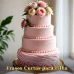 Bolo elegante de três camadas com cobertura pastel e flores frescas em suporte dourado para filha